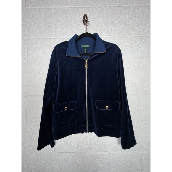 Lauren Ralph Lauren Jackets & Blazers - Lauren Ralph Lauren Velvet Zip Jacket Navy Blue Gold Button Pockets Women XL